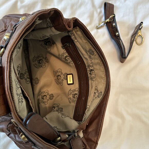 Vintage Y2K Guess Brown Leather Hand Bag Crown Logo With Shoulder Strap - Picture 8 of 10